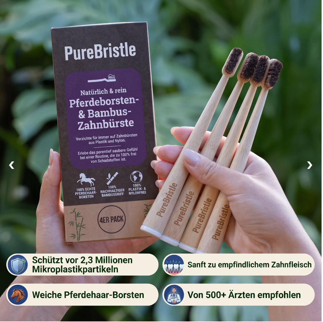 PureBristle Pferdehaarborsten & Bambus Zahnbürste (4er Pack)